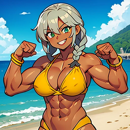 Muscular,women,gray hair,brown skin,Lazio hair, a braid over the shoulder, green eyes,,yellow bikini,Sharp teeth,smile,Bracelet on left hand ,solo,breasts,beach,(Hypermuscle:1.2