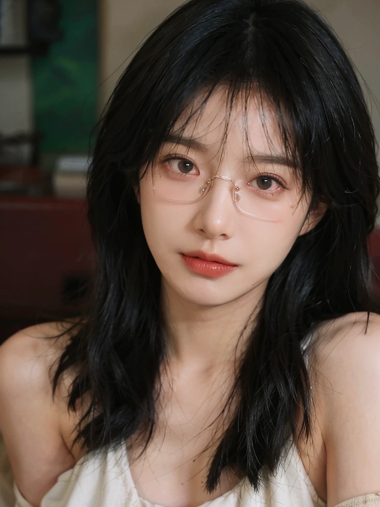 Film portrait photography, 1 girl, bare shoulders,lipstick,(flat chest:1.4), Shoulder length wavy hair, wear glasses,serene, calm, (Realistic and detailed eyes, natural skin texture, Realistic facial details), Soft dramatic lighting, depth of field, Bokeh, Vibrant details, Detailed and detailed, surreal, 35mm film, hazy, ,