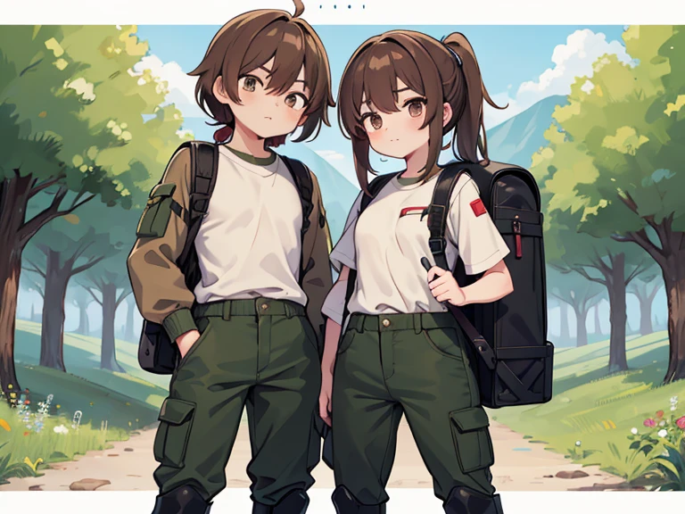 Two characters in a scene boy and girl (absolutely identical twins brother and sister)with the same cute beautiful girlish features, The first character is a handsome, modest, round-faced, brown-eyed boy with an ideal masculine physique., with semi-long brown hair tied in a ponytail, Military style (marsh color T-shirt, military style trousers with patch pockets, massive high infantry boots, backpack), and the second character is strong, very muscular feminist girl with aesthetic small breasts with beautiful erect nipples, with very tousled shaggy semi-long brown hair, hair between the eyes, Brown eyes, beautiful face, an athlete with well-developed proportional muscles, khaki racer jersey(absolutely no bra), military style trousers with patch pockets, massive high infantry boots, backpack; talk to each other, different emotions, free pose, free interaction with each other, against the backdrop of the nature of central Russia