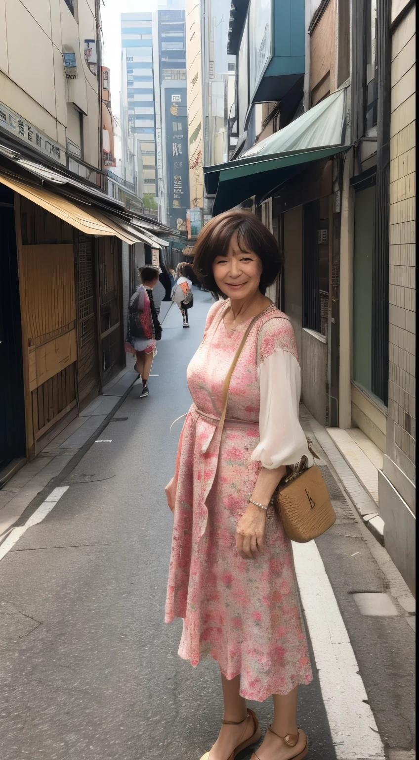 masterpiece, Best image quality, High resolution, solo, , 50 years old, (Wrinkle:0.1), 1 person, Osaka-style streetscape, Voluptuous、Spring-like coordination,short hair