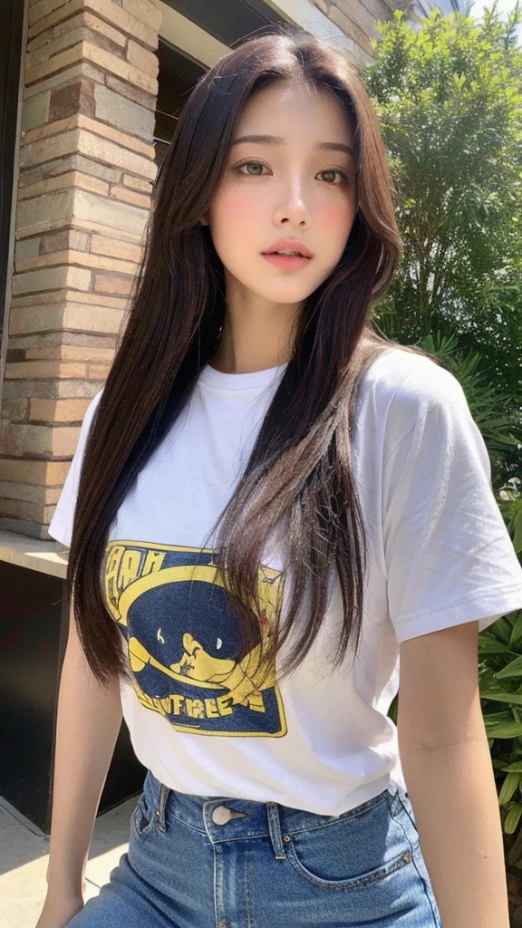 (Natural, high resolution:1.3), 1 chica con un cuerpo perfecto, Super fine face and eyes.,pelo largo, Camiseta sin mangas de colores aleatorios.:1.2, Jeans cortos, tetas grandes,exponer escote
