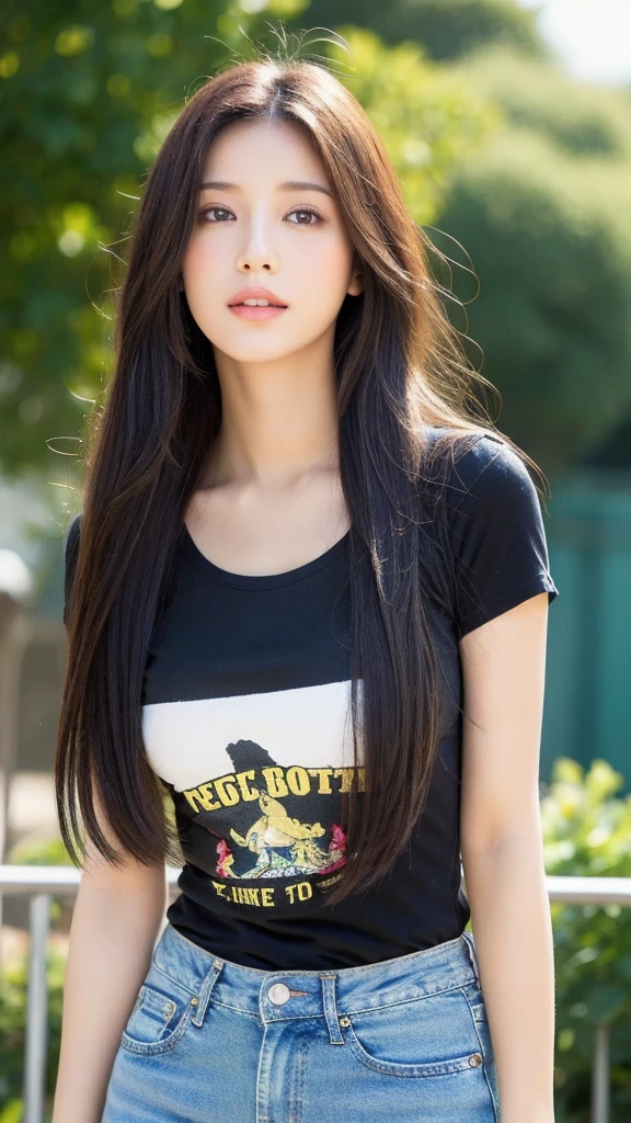 (Natural, high resolution:1.3), 1 chica con un cuerpo perfecto, Super fine face and eyes.,pelo largo, Camiseta sin mangas de colores aleatorios.:1.2, Jeans cortos, tetas grandes,exponer escote