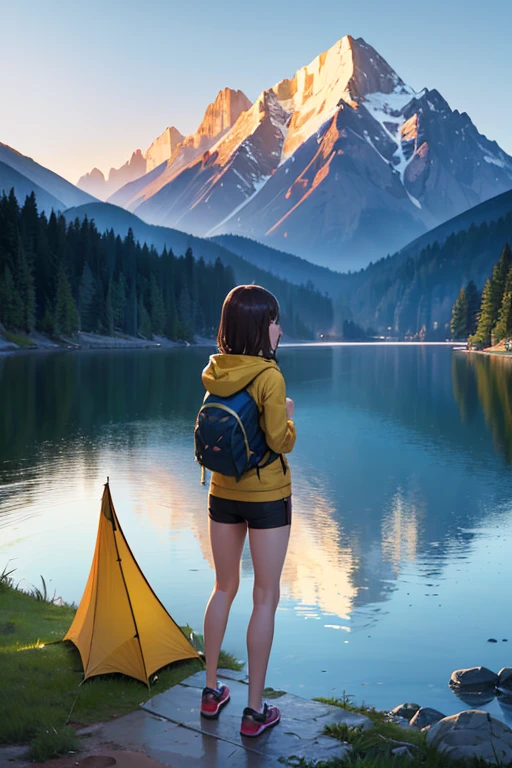 ((masterpiece, highest quality, Best image quality, High resolution, Realistic, RAW Photos, 8k)), ((Highly detailed CG synthesis 8k wallpaper)), Laid-back Camp、Incredible beauty, Perfect balance, Beautiful body, Slim body beauty:1.4), Outdoor Camping, (A woman stands next to a tent by a lake, View from behind:1.3), (Hiking Wear, Wearing a hoodie, Shorts and trekking shoes), near the lake, Dressed in adventuring gear, Standing in front of a mountain, Standing by the water, Outdoor, Campground, 