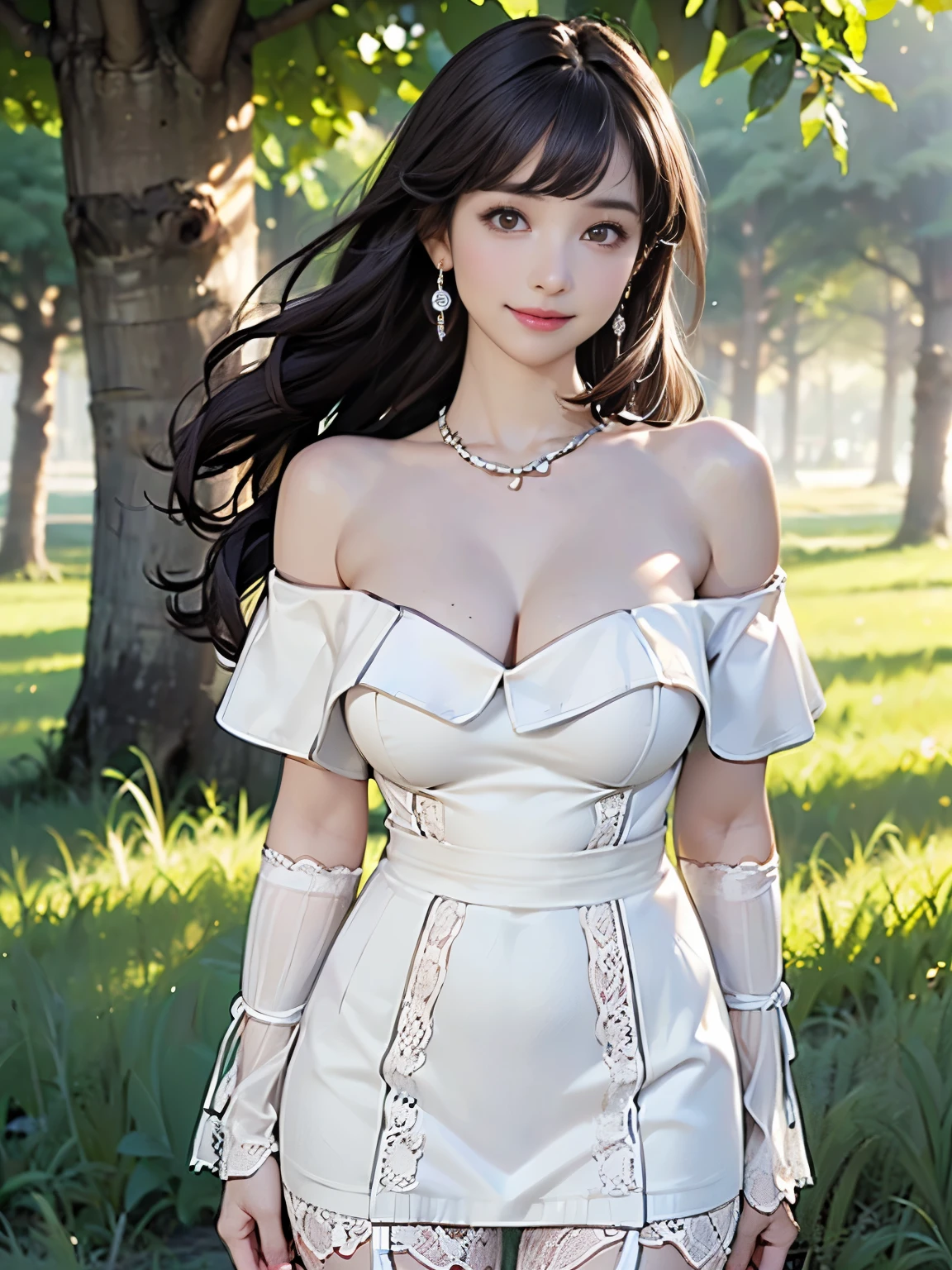 ((((highest quality))))、(((Ultra-precision CG16K wallpaper)))、(((masterpiece)))、(((Super detailed)))、(((Extreme detail)))、((１Mature 29 year old woman:1.6))、((Very beautiful Japanese faces))、((Zuo々Nozomi:1.5))、((Straight semi-long hair、blunt bangs:1.5))、(Shiny brown hair)、Beautiful delicate eyes、Brown Eyes、eyeliner、Eyeshadow、High nose、Small nostrils、Small Mouth、Seductive lips、Beautiful breasts、((C cup size breasts))、Cleavage、Beautiful feet、eight-headed body、Perfect proportions、Perfect Anatomy、Perfect composition、Beautiful detailed shading、Beautiful, natural lighting、Beautiful detail glow、Depth of written boundary、(((High chroma)))、(((Real:1.9)))、((vivid:1.5))、((Beautiful Skin))、((Skin Texture))、((Realな皮膚感))、(((Cowboy Shot:1.6)))、((front view、shoot from front、Front low angle:1.6))、(((smile:1.5)))、((The woman is looking at this、looking at viewer、Facing forward:1.6))、Bright daylight、Natural light、(((Grass Square、Trees:1.3)))、(Walking Pose:1.6)、(((Ivory white off-shoulder lace knit mini dress:1.6)))、((Earrings、Wearing a necklace:1.3))、((Knee socks clothing:1.3))、