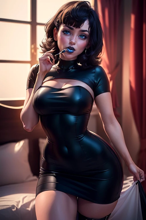 (3/4 tiro al cuerpo:1.6), (obra maestra, Fotorrealista, photorealism, mejor calidad, ultra detallado:1.3), (buenas manos, manos perfectas:1.3), arte oficial, cinematic light, (1 chica:1.3), Adulto, (Hiperrealismo), Estilo de arte retro, Luna llena, aldea, Mavis Dracula, dientes, Rubor, (sonrisa:1.3), hembra joven, pechos medianos, (emo:1.7), (black eyelashes, ojos azul claro, delineador de ojos, black lipstick:1.5), pendientes de diamantes, (pelo negro:1.5), mirando fijamente, Mal oscuro, noche, luz ambiental de las velas , hotel Transilvania, (Uno), profundidad de campo