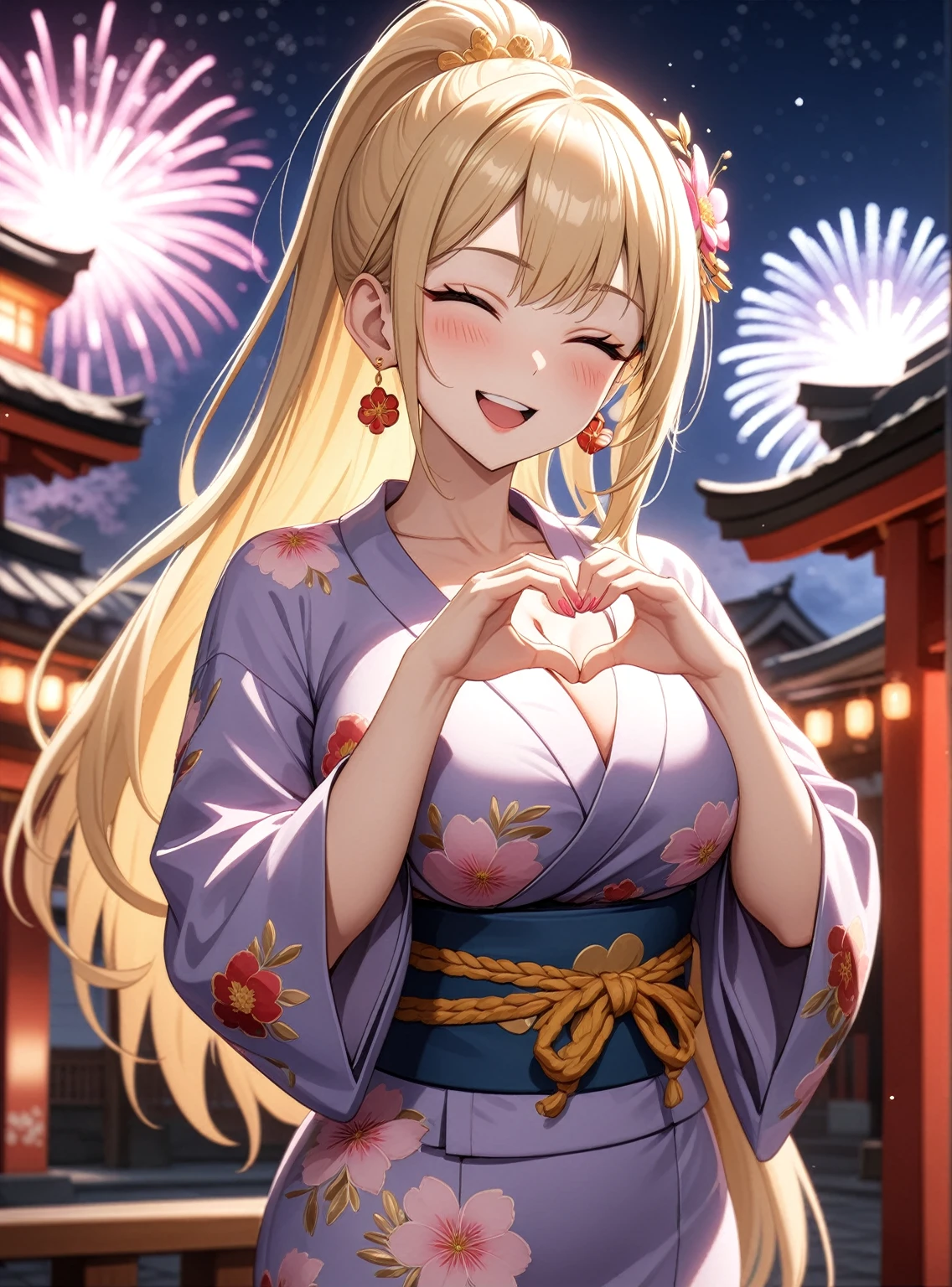 ((One woman)), Beautiful Face,Laughing embarrassedly,((Wink:2.0)),Blushing,Glossy pink lips,Abstract, night,shrine,Festivals, firework,((Anime style background)),masterpiece, highest quality, so beautiful, up to date, Complex details, (Pink long nails),AI-generated, Complex,High resolution, highest quality, super high quality,3D Images、View the viewers、3D Images,one person,Woman with long blonde hair,High Ponytail,blue eyes,Anime woman posing for a photo, [[Fine grain、Colorful eyes、Shining Eyes:1.15]],(Squint your eyes:1.1),a hyperRealistic , hyperRealistic , Realistic ,Blonde anime woman with long hair, Smooth anime CG art, A woman in a gorgeous yukata with gold embroidery,Floral Yukata,Long flower hair ornament,Larger earrings,(Large Breasts:1.3),Narrow waist,Six-pack,tall,Big Ass,Fine details.(A woman making a heart sign with her hands),Put your hands together