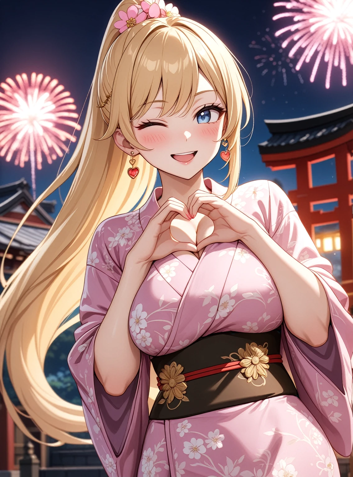((One woman)), Beautiful Face,Laughing embarrassedly,((Wink:2.0)),Blushing,Glossy pink lips,Abstract, night,shrine,Festivals, firework,((Anime style background)),masterpiece, highest quality, so beautiful, up to date, Complex details, (Pink long nails),AI-generated, Complex,High resolution, highest quality, super high quality,3D Images、View the viewers、3D Images,one person,Woman with long blonde hair,High Ponytail,blue eyes,Anime woman posing for a photo, [[Fine grain、Colorful eyes、Shining Eyes:1.15]],(Squint your eyes:1.1),a hyperRealistic , hyperRealistic , Realistic ,Blonde anime woman with long hair, Smooth anime CG art, A woman in a gorgeous yukata with gold embroidery,Floral Yukata,Long flower hair ornament,Larger earrings,(Large Breasts:1.3),Narrow waist,Six-pack,tall,Big Ass,Fine details.(A woman making a heart sign with her hands),Put your hands together