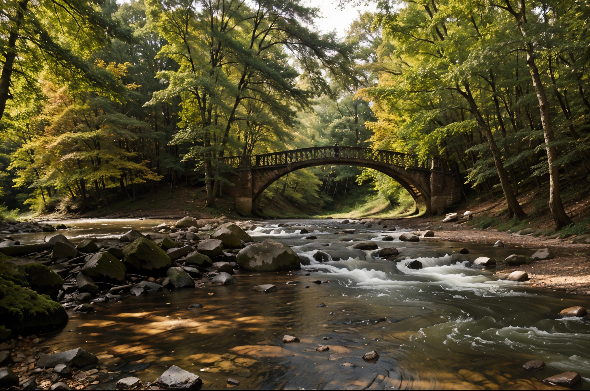 A stream passing through a forest, old brick bridge, dry trees