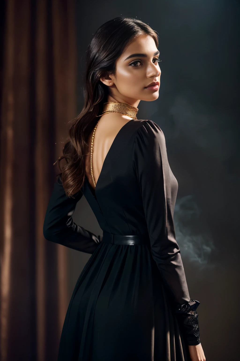 In this photograph, an Indian Instagram female model in her mid-20s takes center stage. , (highly detailed face:1.4) (smile:0.7) (backround 5 star hotel , moody, private study:1.OV, by lee jeffries, nikon d850, film stock photograph ,4 kodak portra 400 ,camera f1.6 lens ,rich colors ,hyper realistic ,lifelike texture, dramatic lighting , cinestill 800, realistic, wearing pink and black combination dobby weave self design fit & flare dress Sweetheart neck Short, puff sleeve Tie-up detail on back Above knee length in flounce hem Attached Lining Chiffon fabric, actress, karla ortiz, posing!!, candid picture, by Max Dauthendey,Completing the aesthetic, the model wears a slave collar with a chain around her neck. The photograph is meticulously captured in 8K resolution using cutting-edge techniques such as Cinema 4D and Octane Render, resulting in a highly detailed and photorealistic image. Studio lighting, HDR, and a smoky mist create a captivating ambiance, while the bokeh effect adds an artistic touch.
