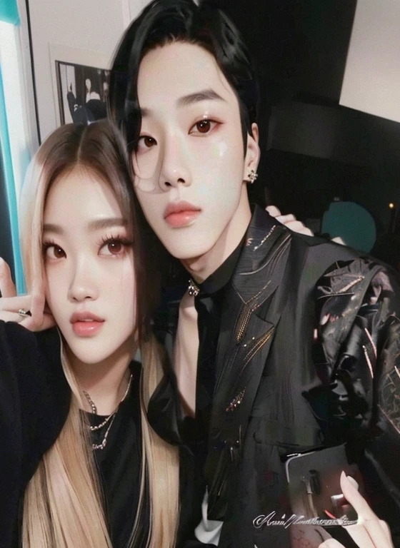 Araffe and a woman posing for a photo in a room., jossi de blackpink, tzuyu de dos veces, parque roseanne de blackpink, con negro, ✨🕌🌙, nixeu y sakimichan, kda y sam que, imagen filtrada, they are close to each other, jennie rosa negro, yammy, kim doyoung, con hiedra Jeon Jungkook de BTS