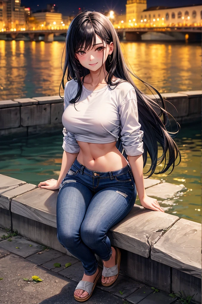 girl, Black hair, Flowers, Low-rise jeans,Squat down and expose your butt crack ,White shirt, A cautious smile, with sexy look,River in the background, Night City