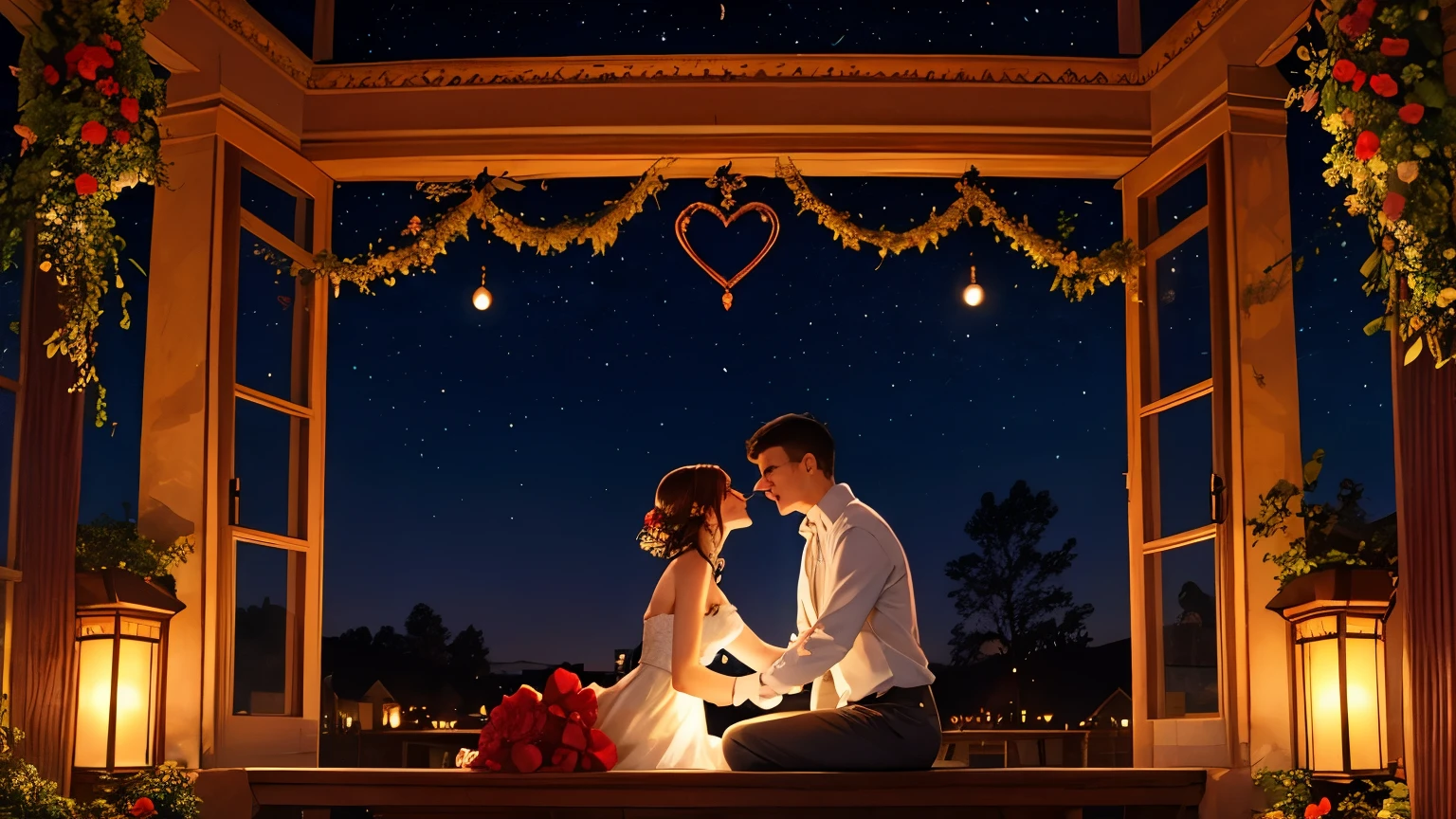 a couple in love in a romantic atmosphere under the night and the stars. con rosas rojas y corazones rojos en algunas partes