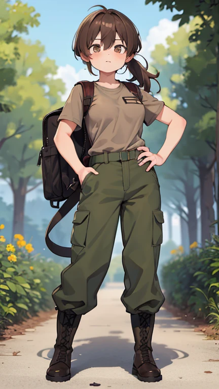 Two characters in a scene boy and girl (absolutely identical twins brother and sister)with the same cute beautiful girlish features, The first character is a handsome, modest, round-faced, brown-eyed boy with an ideal masculine physique., with semi-long brown hair tied in a ponytail, Military style (marsh color T-shirt, military style trousers with patch pockets, massive high ry boots, backpack), and the second character is strong, very muscular feminist girl with aesthetic small breastbeautiful erect nipplesh veryd shaggy semi-long brown hair, hair between the eyes, Brown eyes, beautiful face, an athlete with well-developed proportional muscles, khaki racer jersey(absolutely no bra), military style trousers with patch pockets, massive high infantry boots, backpack;to each other, different emotions, free pose, free interaction with each other, agackdrop of the nature of central Russia
