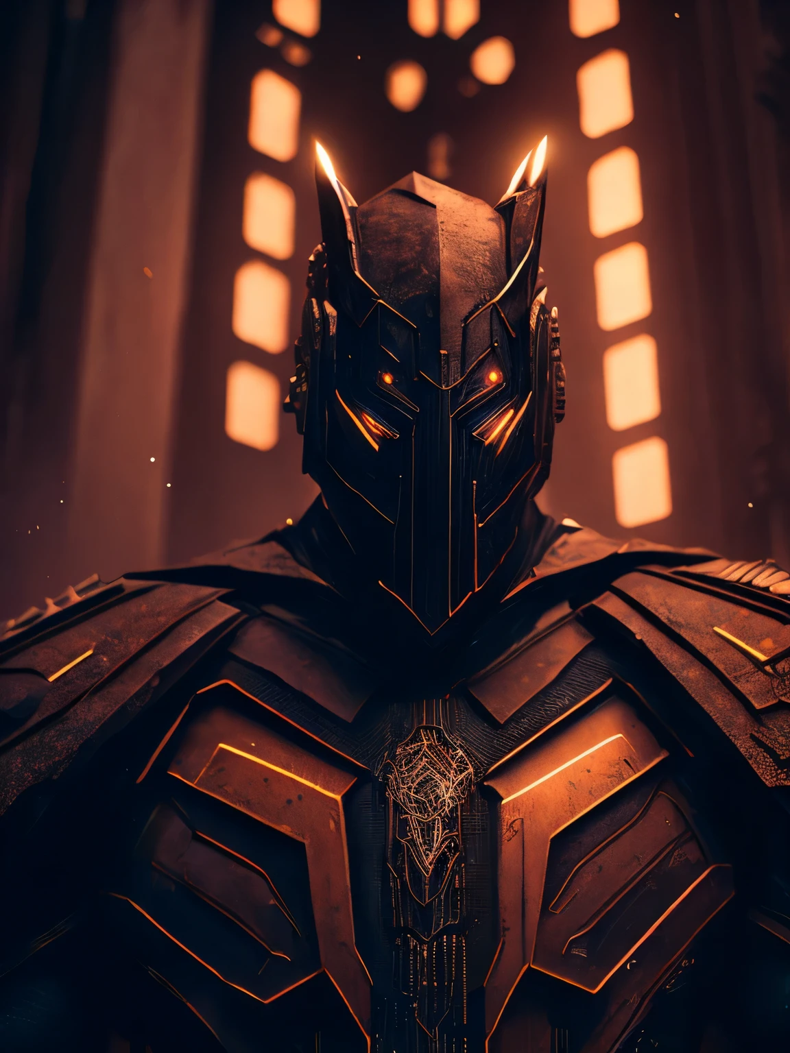 Dark portrait of an ugly DC Comics dirty man suit emerging from the powers of brown dirt with intricate angular cybernetic implants inside a brutalist building, brutalist gothic cathedral, ciberpunk, foto premiada, Bokeh, luzes de neon, cyber member