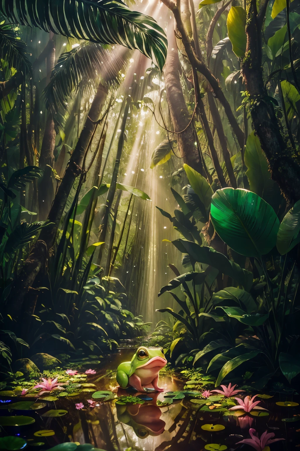 High-Definition, 16:9 Image: A captivating scene in the lush Amazon rainforest, teeming with a vibrant array of flora and fauna. Amidst the dense greenery, a tiny pink pig with twinkling eyes and stripes of gray traverses the forest floor. Perched on a nearby lily pad, a bright-eyed green frog watches the pig with curiosity. The color palette of the image is rich in greens, complemented by the pink of the pig and the emerald hues of the frog, evoking a sense of enchantment and wonder.

In the background, the sunlight filters through the canopy, casting d