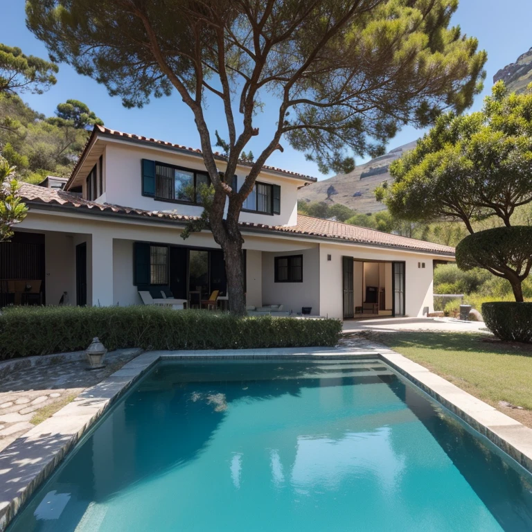 Uma Casa de Concreto Com Detalhes de Madeira , It is located on a mountain, existe uma porta grande de madeira com detalhes de  vidro na entrada. Large rock-yellow ipê trees. There is a swimming pool and at the end there is a large pond at the back of the house.