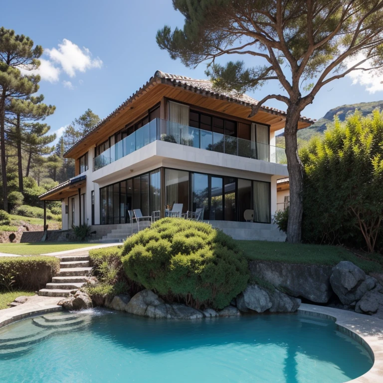 Uma Casa de Concreto Com Detalhes de Madeira , It is located on a mountain, existe uma porta grande de madeira com detalhes de vidro na entrada. Large rock-yellow ipê trees. There is a swimming pool and at the end there is a large pond at the back of the house.
