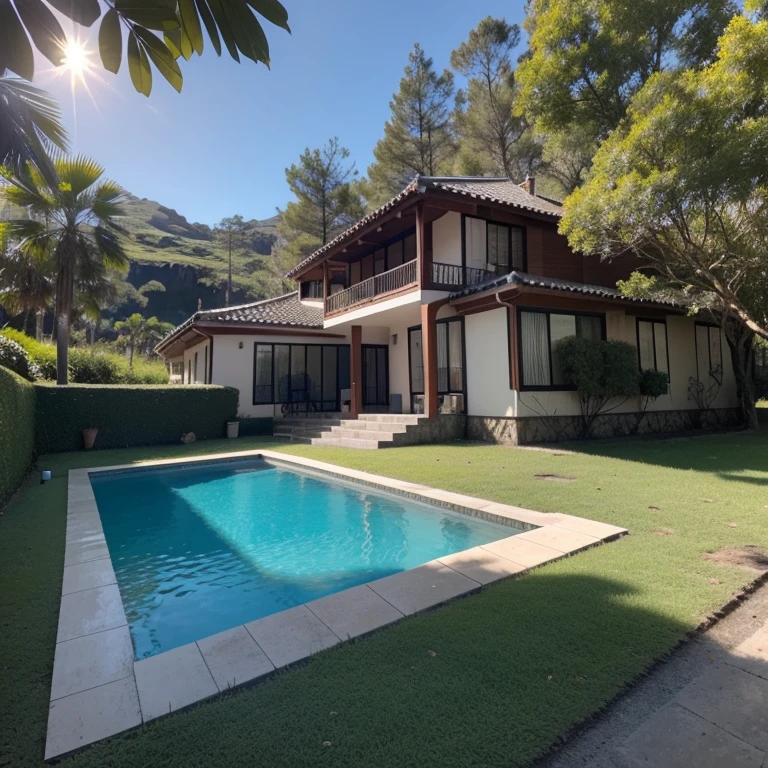 Uma Casa de Concreto Com Detalhes de Madeira , It is located on a mountain, existe uma porta grande de madeira com detalhes de  vidro na entrada. Large rock-yellow ipê trees. There is a swimming pool and at the end there is a large pond at the back of the house.