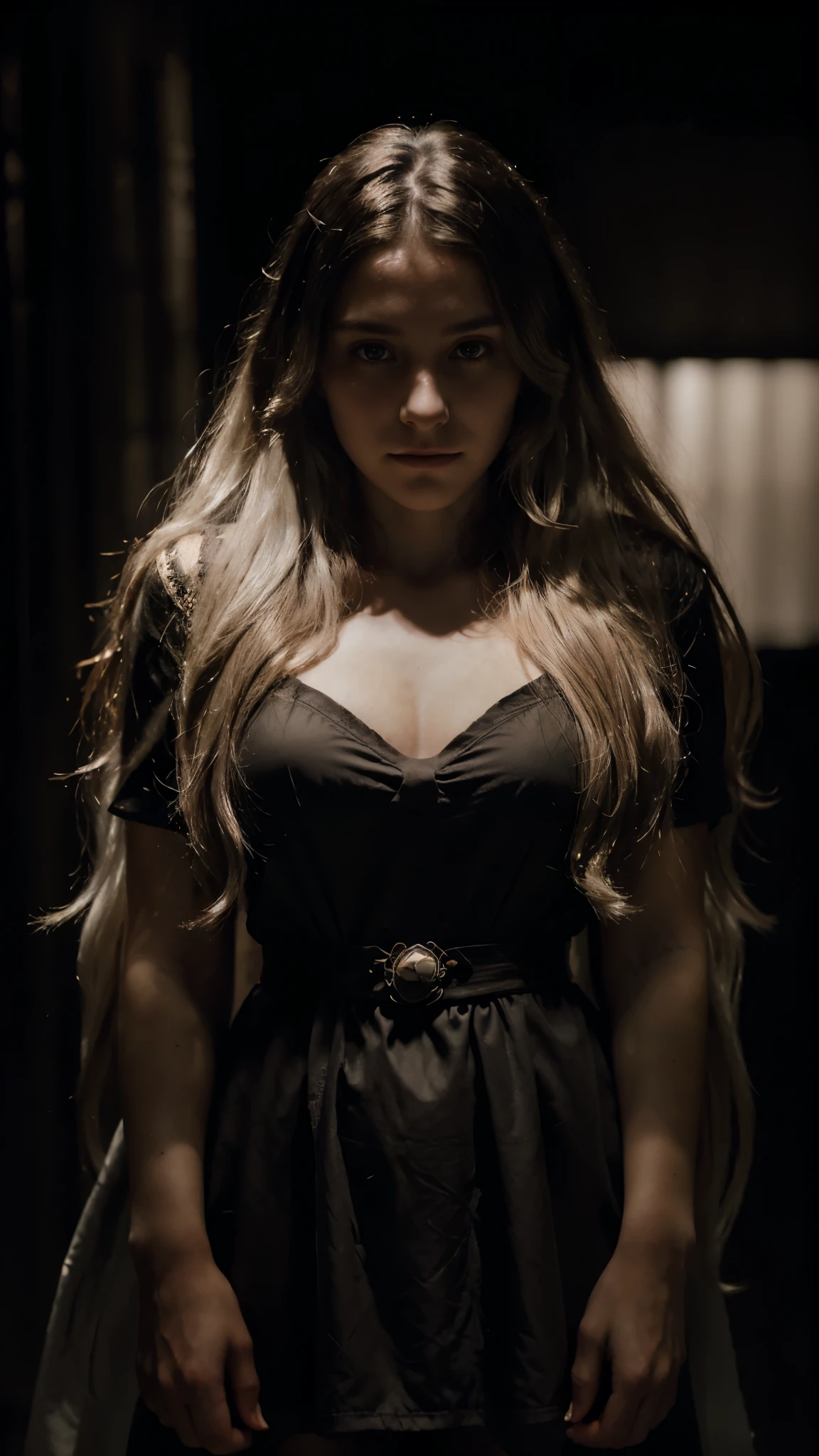 (front focus), (in the dark:1.6), Hyperrealist portrait of female by david hockney and alphonse mucha, fantasy art, photo realistic, dynamic lighting, artstation, poster, volumetric lighting, very detailed faces, 4 k, award winning, 1girl, in the dark, deep shadow, low key, cowboy shot, (official clothing:1.4), long hair, white hair