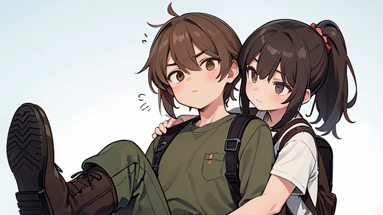 Two characters in a scene boy and girl (absolutely identical twins brother and sister)with the same cute beautiful girlish features, The first character is a handsome, modest, round-faced, brown-eyed boy with an ideal masculine physique., with semi-long brown hair tied in a ponytail, Military style (marsh color T-shirt, military style trousers with patch pockets, massive high infantry boots, backpack), and the second character is strong, very muscular feminist girl with aesthetic small breasts with beautiful erect nipples, with very tousled shaggy semi-long brown hair, hair between the eyes, Brown eyes, beautiful face, an athlete with well-developed proportional muscles, khaki racer jersey(absolutely no bra), military style trousers with patch pockets, massive high infantry boots, backpack; talk to each other, different emotions, free pose, free interaction with each other, against the backdrop of the realistic nature of central Russia