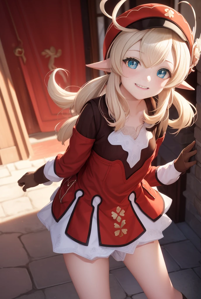 clay, blush, smile, Usual clothes, Red clothes, Red Hat, Combat Uniform, , The back is very smal, Lolita, Small breasts, Show me your armpits, exterior: 14 years old, Shoulder avicle is visible, Sexy thighs, Beautiful feet, Usual hairstyle, highest quality, High resolution, unity 8k wallpaper, (shape:0.8), (Beautiful and beautiful eyes:1.6), Highly detailed face, Perfect lighting, Extremely detailed CG, (Perfect hands, Perfect Anatomy),