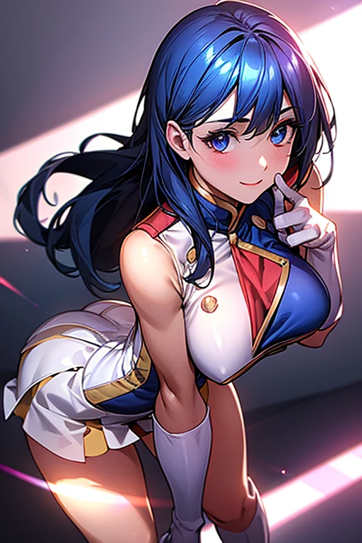 masterpiece, highest quality, Super detailed, Sparkling, Shining Light, Ray Tracing, High resolutionR, (Perfect Face, Detailed face, Fine grain), 8k,High resolution,Ultra-realistic face, Ray Tracing, Perfect lighting, highest quality, Super detailed, High resolution, One girl, whole body, The description of Girl App, Hands on the details, Finger details, Detailed aspect, Cute Face, Leg Details, Excessive art, Fine details, Huge breasts, Huge Ass, Blue Hair, Long Hair, Straight hair, Bright Eyes, marching band, Wicked Smile