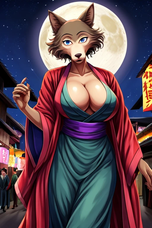 Beastars art style, beastars, Juno, brown wolf, she Wolf, 1girl, furry, long curly brown fur, slim figure, blue eyes, wide hips, Big breasts, kimono, cleavage, night time, festival, moon