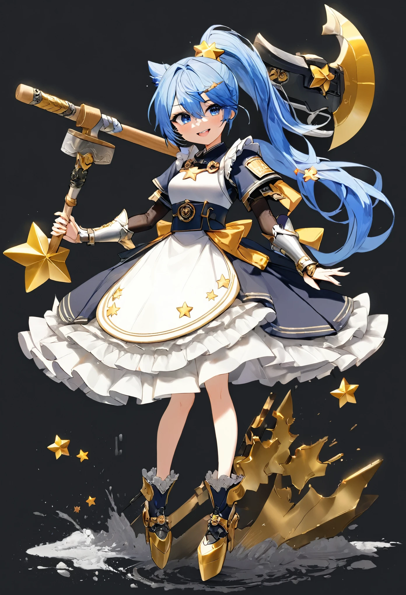 score_9, score_8_up, score_7_up, best quality ,masterpiece, 4k, Japanese anime, 1girl, blue hair, (side ponytail:1.5),giant blue ribbon, (mechanical dragonhorn:1.1), (eye lashes:1.3), (eye shadow:1.3),navy blue eyes, (beautiful detailed eyes:1.4), laugh, 160cm tall, original character, fantasy, (black background:1.2), (full body:1.8), beautiful fingers, standing, (black white lace frill armor dress:1.5),(GOLD STAR accessory:1.5) (mechanical headgear:1.1) ,axe to grind, shoot from front, looking at viewer