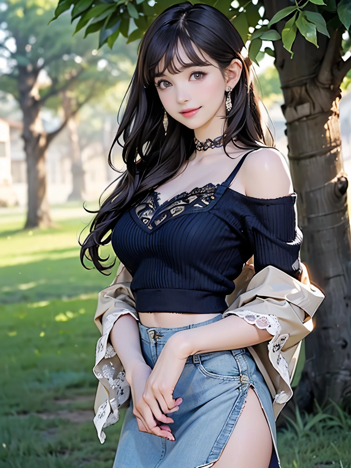 ((((highest quality))))、(((Ultra-precision CG16K wallpaper)))、(((masterpiece)))、(((Super detailed)))、(((Extreme detail)))、((1Mature 29 year old woman:1.6))、((Very beautiful Japanese faces))、((Zuo々Nozomi:1.5))、((Straight semi-long hair、blunt bangs:1.5))、(Shiny brown hair)、Beautiful delicate eyes、Brown Eyes、eyeliner、Eyeshadow、High nose、Small nostrils、Small Mouth、Seductive lips、Beautiful breasts、((C cup size breasts))、Cleavage、Beautiful feet、eight-headed body、Perfect proportions、Perfect Anatomy、Perfect composition、Beautiful detailed shading、Beautiful, natural lighting、Beautiful detail glow、Depth of written boundary、(((High chroma)))、(((Real:1.9)))、((vivid:1.5))、((Beautiful Skin))、((Skin Texture))、((Realな皮膚感))、(((Cowboy Shot:1.6)))、((front view、shoot from front、Front low angle:1.6))、(((smile:1.5)))、((The woman is looking at this、looking at viewer、Facing forward:1.6))、Bright daylight、Natural light、(((Grass Square、Trees:1.3)))、(Walking Pose:1.6)、(((Navy blue off-shoulder lace knit tank top、Lace knit double slit mini skirt outfit:1.6)))、((Earrings、Wearing a choker:1.3))、((Garter Stockings Clothed:1.3))、