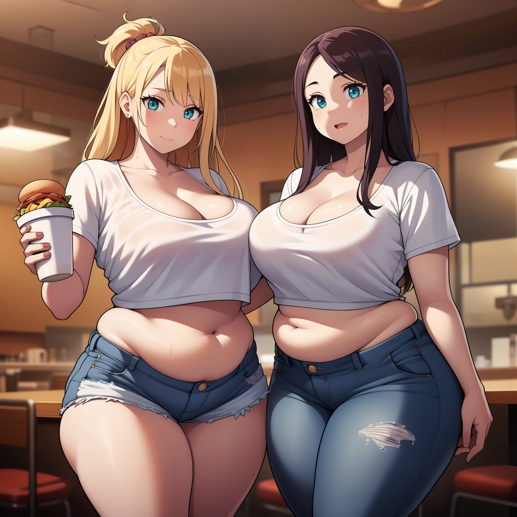 ((highres)), Masterpiece, high quality, best quality, beautiful, perfect lighting, detailed face, ultra cute face, (((2girls))), one girl has blonde hair, blue eyes, crop top and shorts, skindentation, one girl has brown hair, green eyes, jeans, white shirt, tight clothes, one girl has, full body, fast food restaurant,  cleavage, large breasts, ((wide hips)), ((thick thighs)), ((plump)), chubby belly, fat folds, belly hang, standing, touching each other,