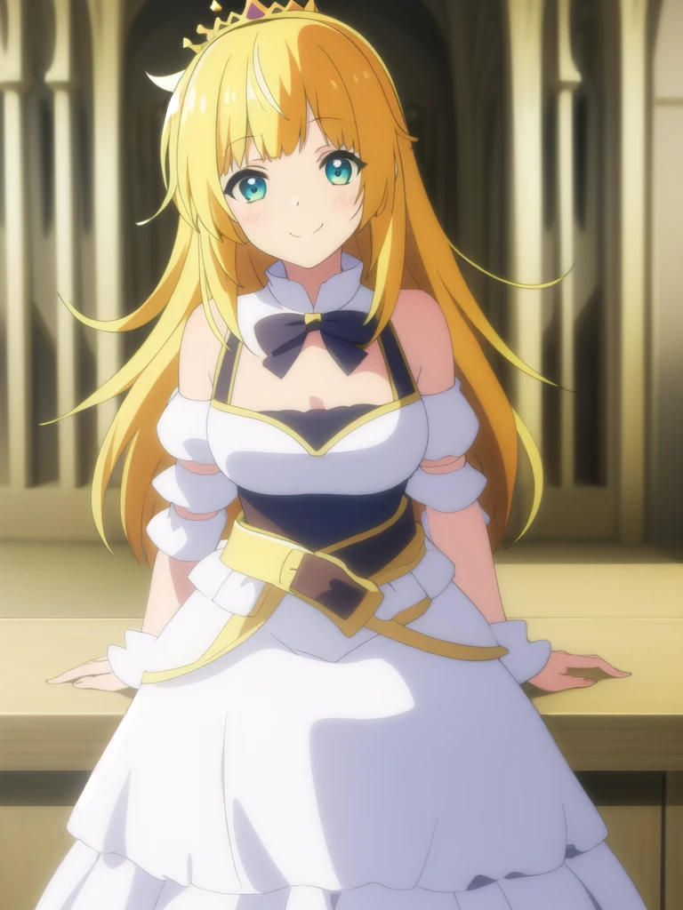 ((Best quality))), ((Ultra-detailed)), ((illustration)), ((Disheveled hair)), ((frilld)), (1 girl), (Solo),,1girl,bangs,blonde_hair,blunt_bangs,blurry,blurry_foreground,bow,crown,depth_of_field,dress,indoors,jewelry,long_hair,photo_(medium),pointy_ears,pov,sitting,smile,solo_focus,tiara,rating:safe,Princess_dress,