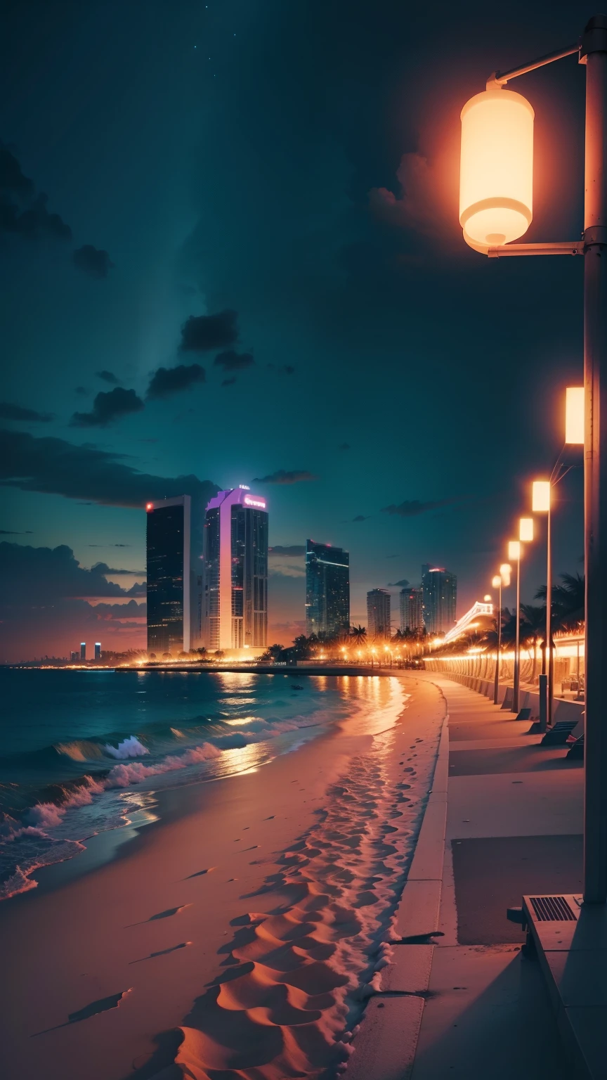 Miami City Neon Beach Area Night