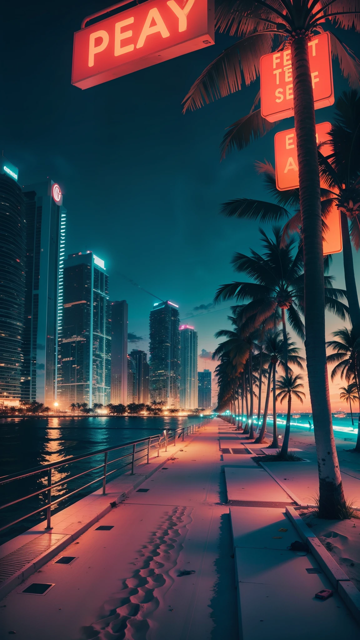 Miami City Neon Beach Area Night