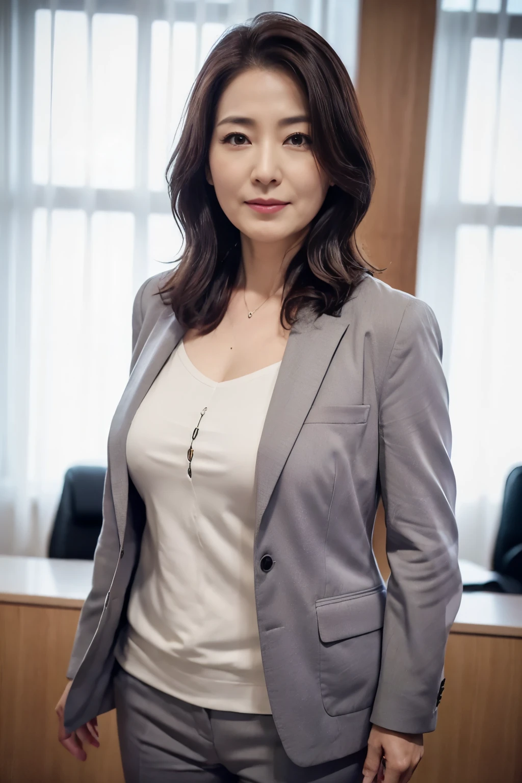 Japanese、Beautiful Mature Woman、Classy sex appeal、sexy、透明Beautiful Skin、Perfect Lighting、Beauty、輝くBeautiful Skin、Transparent beauty、8K High Resolution、Beauty in natural light、High resolution、Photorealistic、Beautiful Skin、Masterpiece、Moist eyes、Gravure quality、Wearing a business suit、office lady、Plump body shape、Wrinkles around the eyes、Turn your ass towards me、Grey Suit