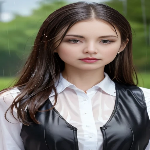 Close-up of woman in leather vest and white shirt., rain picture, Beautiful girl standing in the rain, beautiful young woman, beautiful female model, Very beautiful girl., beautiful female model, lovely young woman, a lovely young woman, Japanese model, high quality vertical, Gorgeous Chinese model, Soft portrait 8 k, wet rain