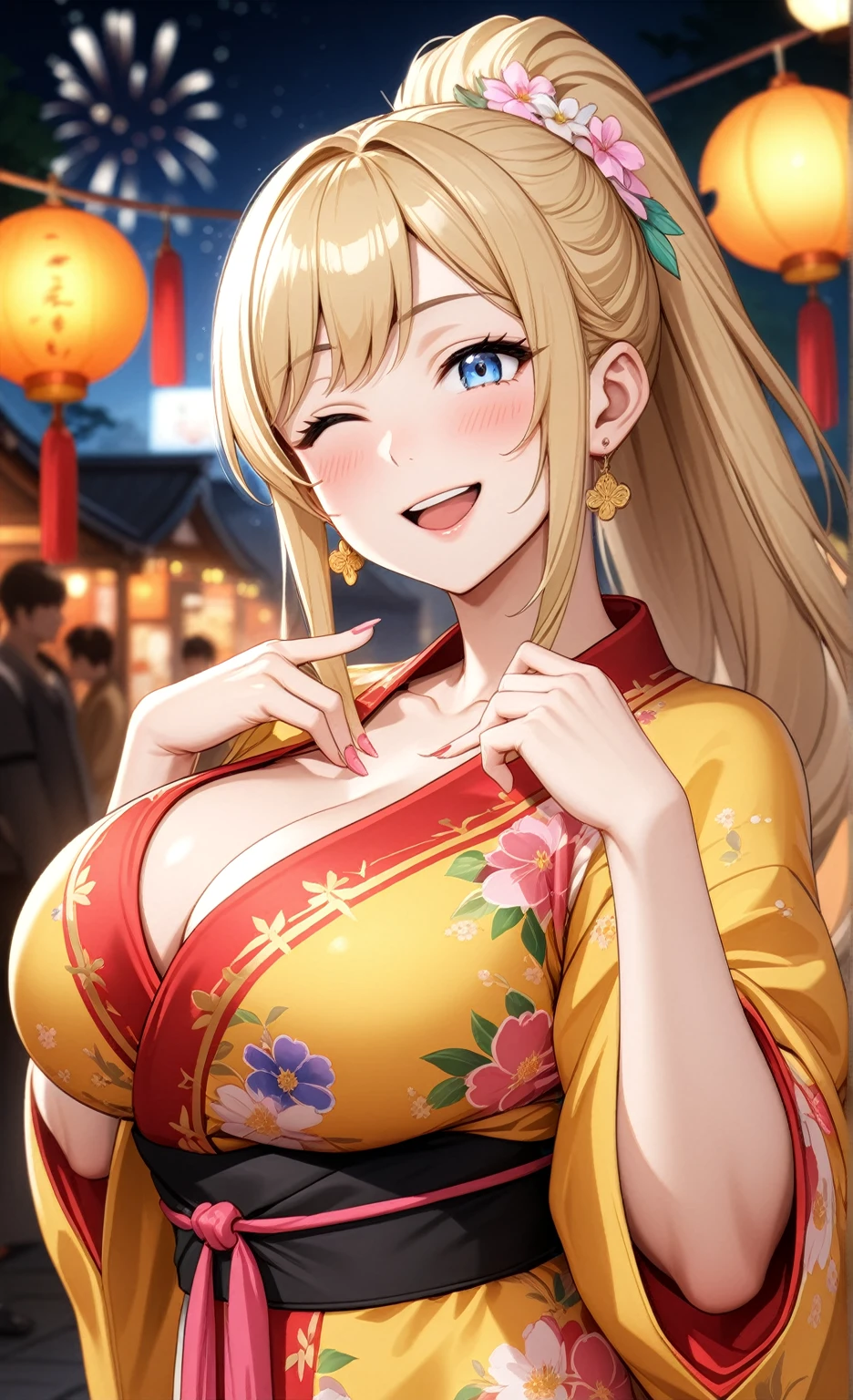 ((One woman)), Beautiful Face,Laughing embarrassedly,((Wink:2.0)),Blushing,Glossy pink lips,night,Shrine Festivals,firework, ((Anime style background)),masterpiece, highest quality, so beautiful, up to date, Complex details, (Pink long nails),AI-generated, Complex,High resolution, highest quality, super high quality,3D Images、View the viewers、3D Images,one person,Long Blonde Hair,High Ponytail,blue eyes,Anime woman posing for a photo, [[Fine grain、Colorful eyes、Shining Eyes:1.15]],(Squint your eyes:1.1),a hyperRealistic , hyperRealistic , Realistic,Blonde anime woman with long hair, Smooth anime CG art, A woman in a colorful kimono with gold embroidery, Yellow kimono,Flower pattern kimono,Long flower hair ornament,Earrings,(Large Breasts:1.2),Mature Body,tall,Big Ass,Fine details,Trained abdominal muscles,Touch your cheeks with both hands