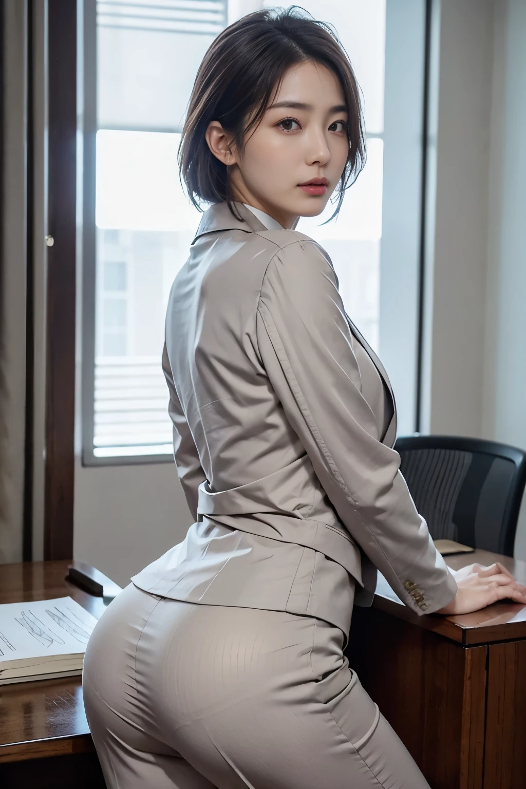 Japanese、Beautiful Mature Woman、Classy sex appeal、sexy、透明Beautiful Skin、Perfect Lighting、Beauty、輝くBeautiful Skin、Transparent beauty、8K High Resolution、Beauty in natural light、High resolution、Photorealistic、Beautiful Skin、Masterpiece、Moist eyes、Gravure quality、Wearing a business suit、office lady、Plump body shape、Wrinkles around the eyes、Turn your ass towards me、Grey Suit、sit