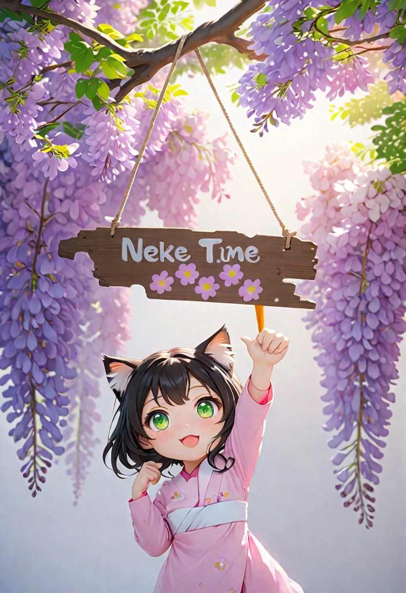 cat girl, chibi, in a pink kimano, black hair, green eyes, reaches for the sign, which hangs on a spring tree, wisteria tree, Rendering, Anime background art, winner of the pixiv competition, Anime girl with cat ears cute!! chibi!!! cat girl, милый anime cat girl, with index finger, Nekomimi, anime cat girl!, cat girl, chemonomics, run, furry фураффинность, masterpiece, top quality, Best quality, official art, Beautiful and aesthetically pleasing:1.2), 2D, (Best quality, masterpiece), anime, (very detailed face), (very detailed eyes), White background, Ideal lighting, (very detailed dressed in a pink kimono)
