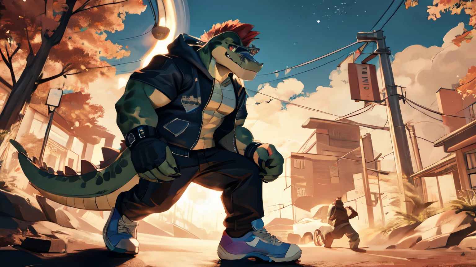 montgomerygator, 1male anthro, 1boy, scalie, muscular, alligator, red mohawk, star sunglasses, crocodile tail, (full body), open purple jacket only, wrist watch, fingerless gloves, sneakers, pants, detailed eyes, red eyes, glowing eyes, glistening eyes, shadows, grin, grinning, glowing light particles, light particles, glowing bubbles, clouds, afternoon, sunlight, sunrays, lens reflections, giant