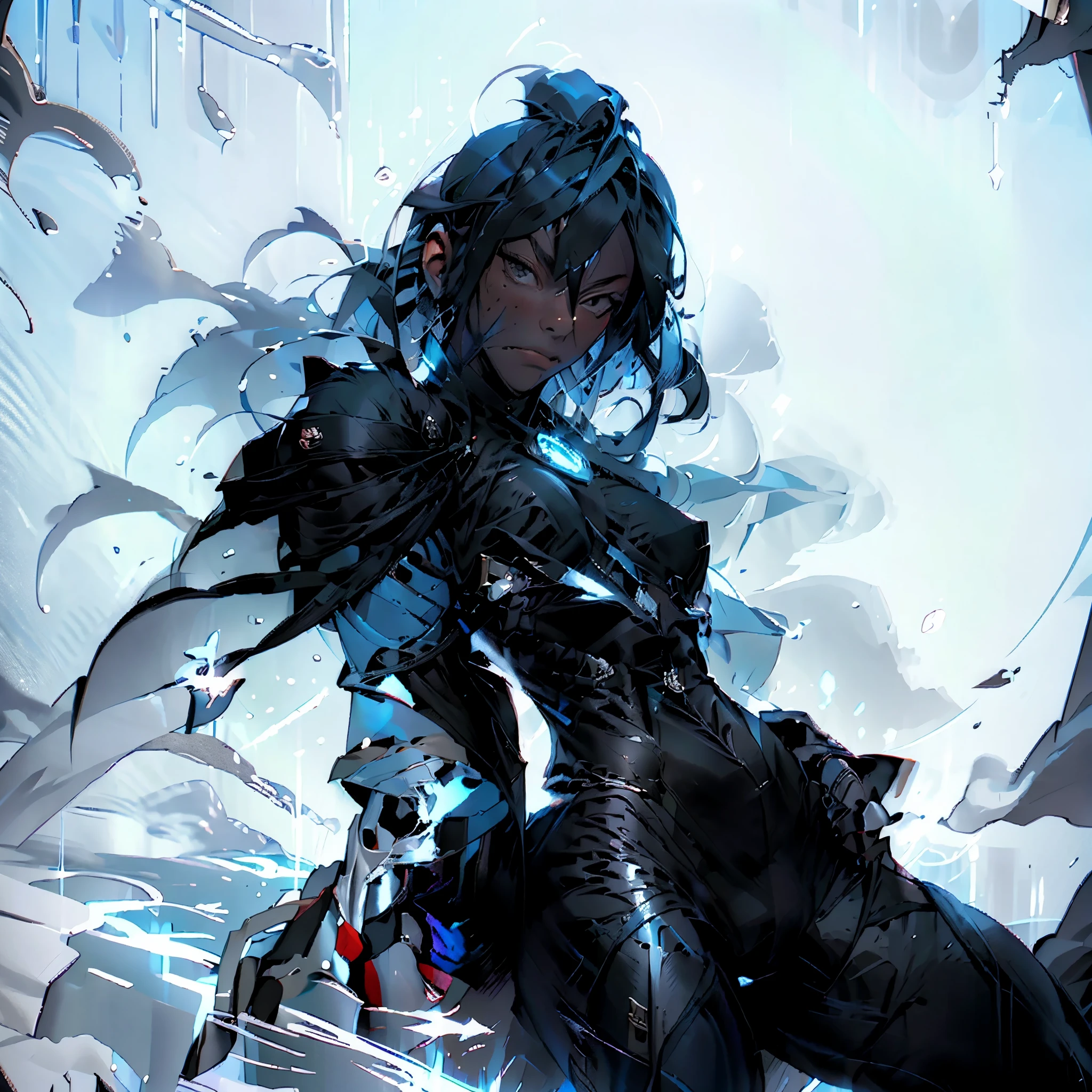 Full body portrait, suppressed ninja man in black mixed with blue clothing, superior quality