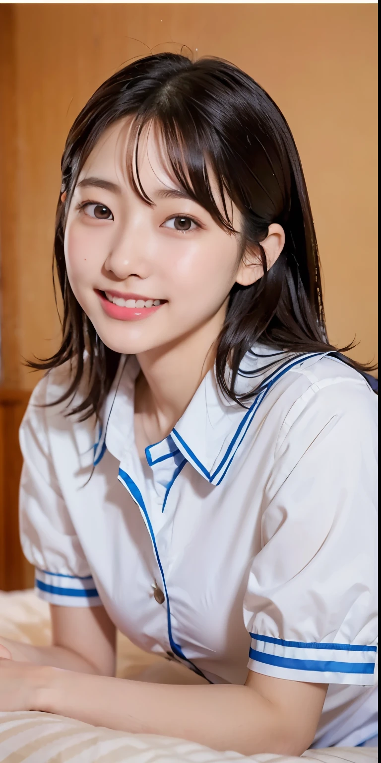 Ulzzang-6500-v1.1, (RAW Photos:1.2), (Realistic:1.4), Beautiful detailed girl, Very detailed eyes and face, Beautiful fine details, ファイルサイズがbig, (big), High resolution, Very detailed, highest quality, [masterpiece:1.6], [JK], figure, Very detailed, CG, The finer details, highest quality, Highly detailed CG uniform 8K wallpaper, Cinema Lighting, 1 girl, 17 years old, Cute Japanese Schoolgirl, Perfect figure, [unbuttoned White school blouse], Large, firm breasts, [Huge breasts, Heavy chest: 1.6], Cute droopy eyes, Beautiful big eyes, White school blouse, See-through bra, Sweaty and wet, [sexual excitement: 1.1], [sexual excitement: 1.1] Lying in bed: 1.5], Raise your hand,  Ribbon on neck, smile, (The whole body is wet), Shining Eyes