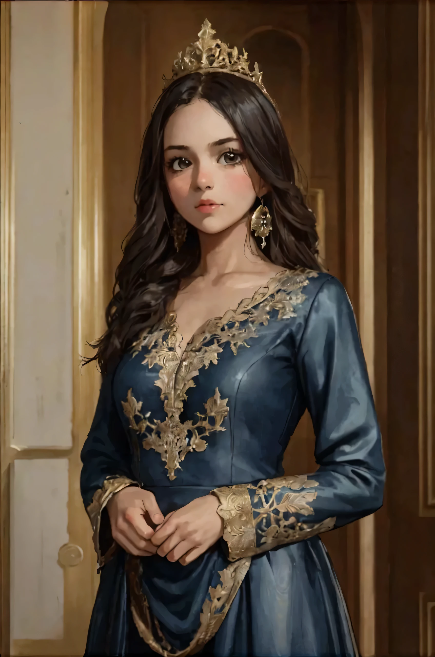 a close up of a woman in a brown dress with a necklace, in style of kyrill kotashev, elegant fashion model, digital art of an elegant, beautiful arab woman, draped in silky gold, arabian beauty, elegant smiling pose, middle eastern skin, beautiful iranian woman, beautiful oriental woman, gorgeous woman, robe. extremely high details