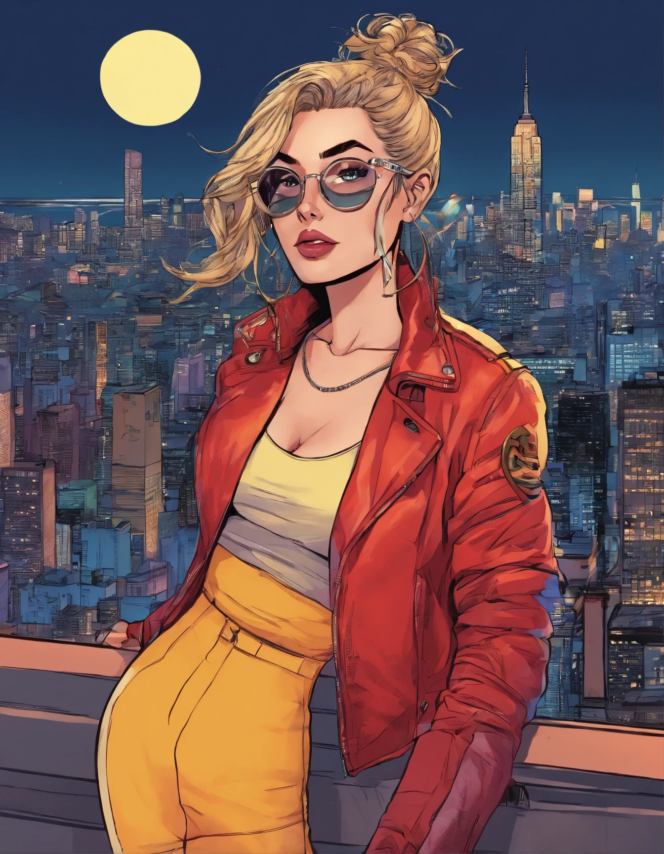 ((Masterpiece, Best Quality)), Ultra Detailed, Official Art, Unity 8k Wallpaper, Spiderman Costume, Young beautiful Woman, Solo, Perfect Face, Shiny Skin, Sparkling Pupils, Round glasses, Hair Pick Dyed Red and bangs, dusk time, Background is New York City from above rooftop, selfie style, peace sign, Aesthetic, (upper_body)