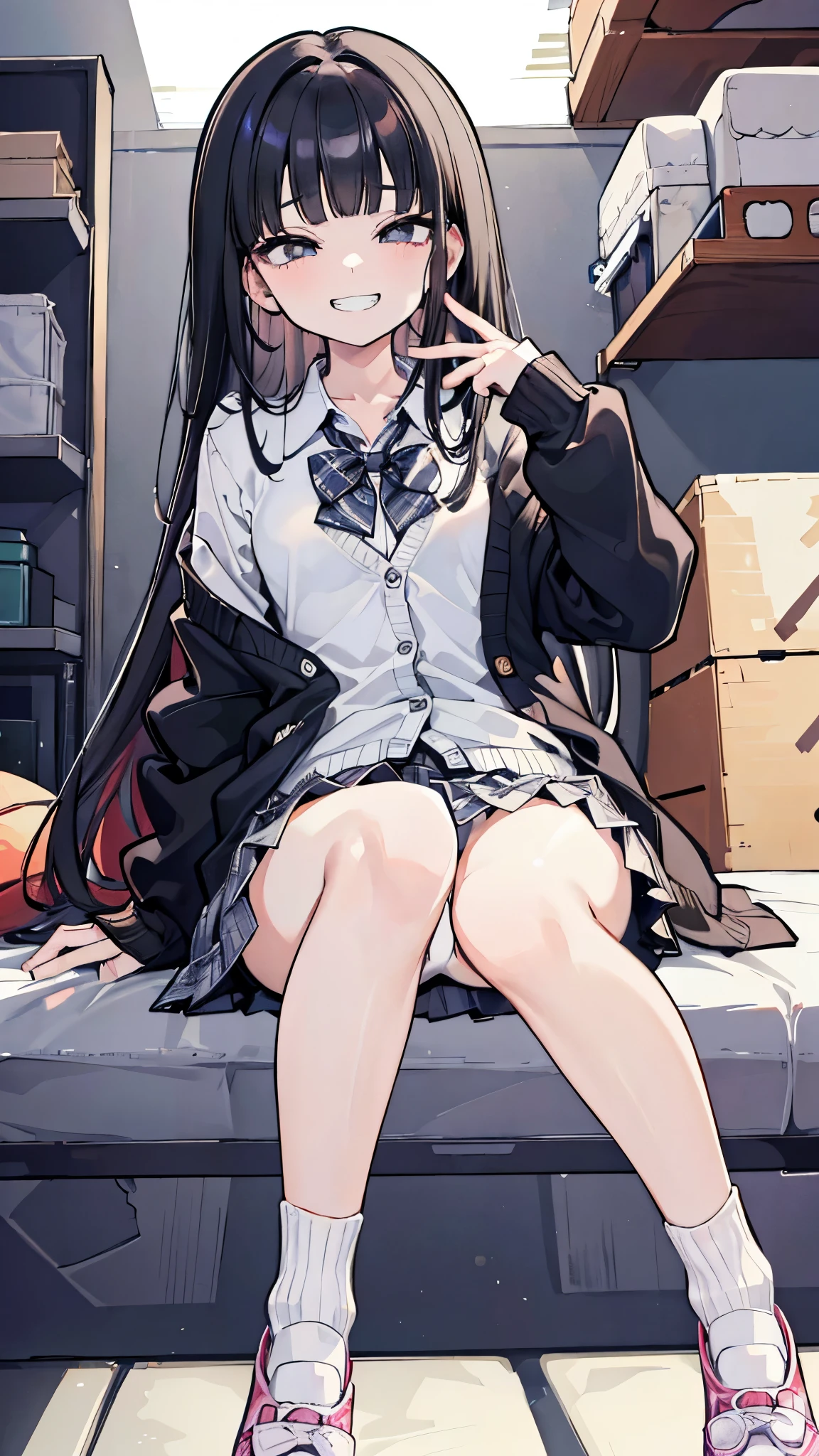 (8k、Best image quality、highest quality、masterpiece)、Detailed face、One girl、Black Hair、Long Hair、blunt bangs、Grey Eyes、evil smile、((Grin))、Small breasts、((White collared shirt))、((cardigan))、((Plaid skirt))、((white panties))、white socks、shoes、sitting、knees up、open legs、Shoot from below、Gym storeroom