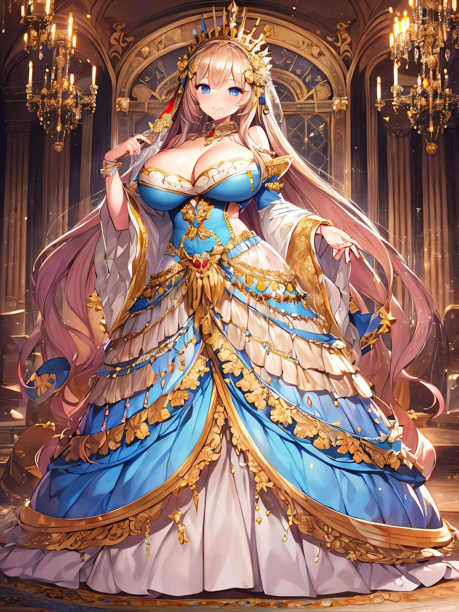 ((moe anime artstyle)),((Masterpiece)),(Best Quality),((Super Detail)),((Very Delicate and Beautiful)),((Solo)),full body,((full body portrait)),(((1 bling-bling princess in beautiful embroidery and jeweled gorgeous rococo ballgown with voluminous full length crinoline hoop skirt))),(((((absurdly gigantic tits,sagging tits))))),(((cleavage))),Skindentation,(detailed face and eyes,gentle smile),jewel-like eyes,((crinoline,long train,beautiful embroidery and lace)),super detailed voluminous gorgeous rococo ballgown with voluminous full length crinoline hoop skirt,((bling-bling voluminous gorgeous rococo princess ballgown with beautiful embroidery and jeweled)),((Very Long Straight Hair,large amount of straight hair, absurdly long Straight hair)),extremely gorgeousfull hair ornament,(extremely gorgeous jeweled big tiara),luxurious jewelry,((beautiful embroidery and jeweled gorgeous rococo ballgown with voluminous full length crinoline hoop skirt)),full body,(fantasy castle,indoor,throne room)