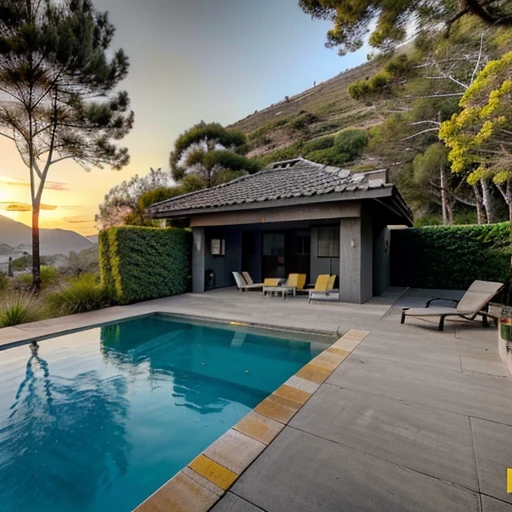 Uma Casa de Concreto Com Detalhes de Madeira , It is located on a mountain, existe uma porta grande de madeira com detalhes de vidro na entrada. Large rock-yellow ipê trees. There is a swimming pool and at the end there is a large pond at the back of the house.