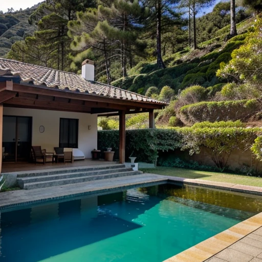 Uma Casa de Concreto Com Detalhes de Madeira , It is located on a mountain, existe uma porta grande de madeira com detalhes de vidro na entrada. Large rock-yellow ipê trees. There is a swimming pool and at the end there is a large pond at the back of the house.