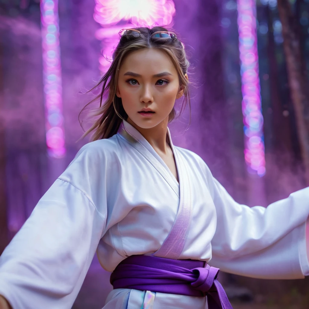 A handsome Norwegian girl, sharp eyes, clear facial features, wearing Hanfu, combat posture, martial arts movements, body surrounded by purple mist, runes around, holographic reality, holographic halo, motion blur, game light effects, edge light, soft light, movie edge light, delicate light, masterpiece, super detailed, epic composition, super HD, high quality, highest quality, 32k