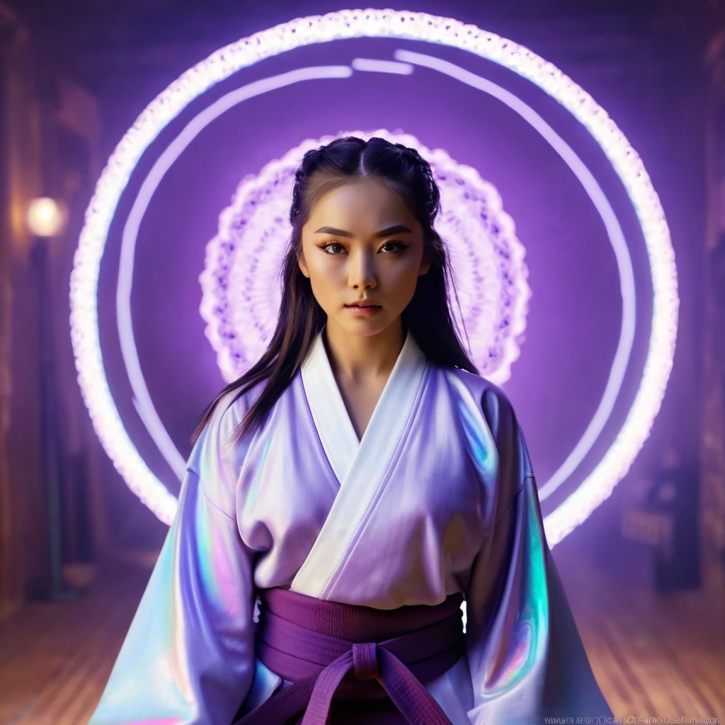 A handsome Norwegian girl, sharp eyes, clear facial features, wearing Hanfu, combat posture, martial arts movements, body surrounded by purple mist, runes around, holographic reality, holographic halo, motion blur, game light effects, edge light, soft light, movie edge light, delicate light, masterpiece, super detailed, epic composition, super HD, high quality, highest quality, 32k