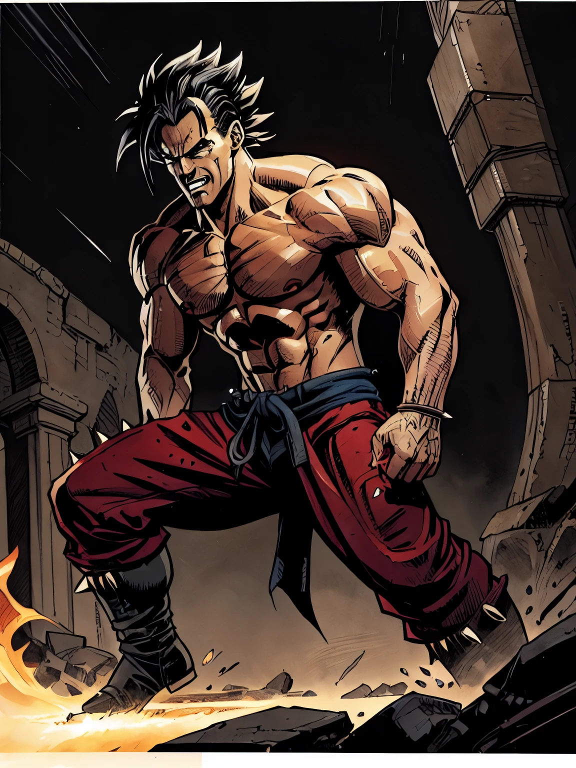 comic illustration of evil broly, spiky hair, muscular, full body, concept art, intricate details, cinematic, action shot